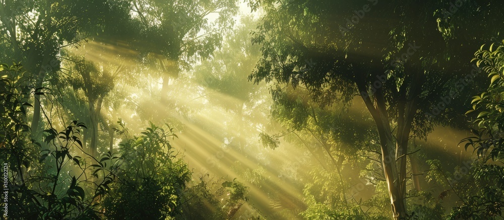 Aufkleber sunlight beams radiate through lush green forest trees creating a tranquil atmosphere with illuminat