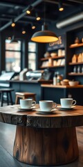 Fototapeta premium Modern Coffee Shop with Rustic Wooden Table, Bokeh Background, and Product Display of Coffee Cups