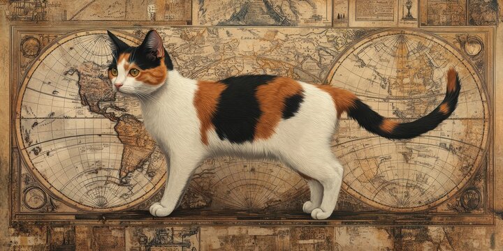 A beautiful calico cat standing in front of old maps