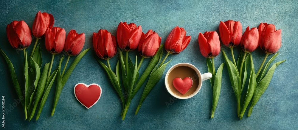 Poster red tulips arranged on a turquoise background with a heart-shaped dã©cor and a coffee cup featuring 