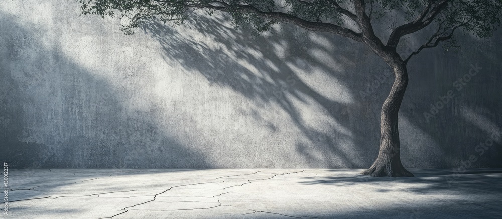 Poster Solitary tree casting intricate shadows on a textured grey wall, with soft natural light highlighting the tree's contours and surrounding ground.