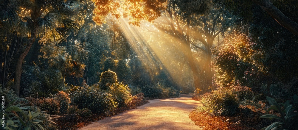 Aufkleber sunrise beams illuminate a lush summer park path with golden light filtering through green foliage c