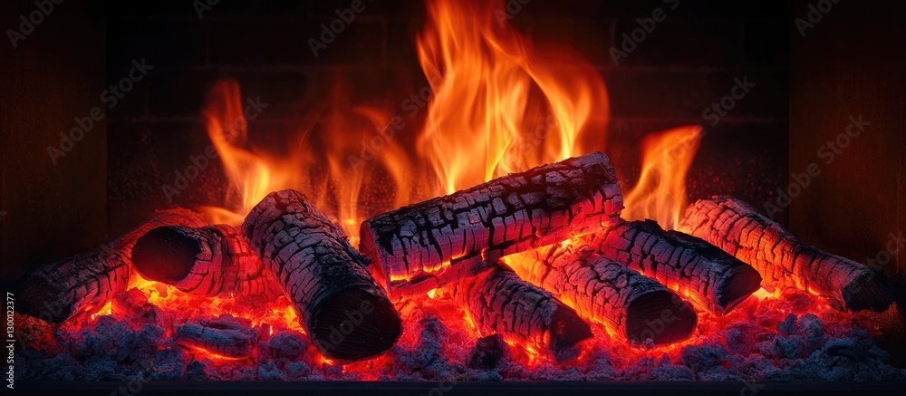Poster vivid flames illuminate glowing logs in a stylish fireplace with a dark backdrop showcasing red fire
