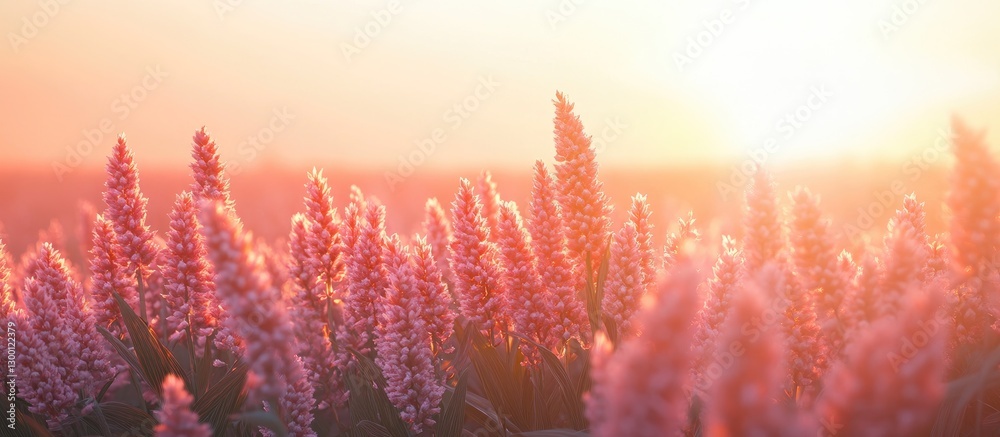 Aufkleber soft pink sorghum plants in a tranquil field under a warm dawn light creating a serene atmosphere wi
