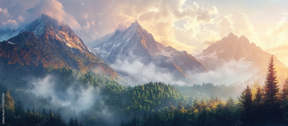 Fototapete Mountain ranges illuminated by soft golden sunlight with encircling clouds above lush green forest in the foreground creating a tranquil atmosphere.
