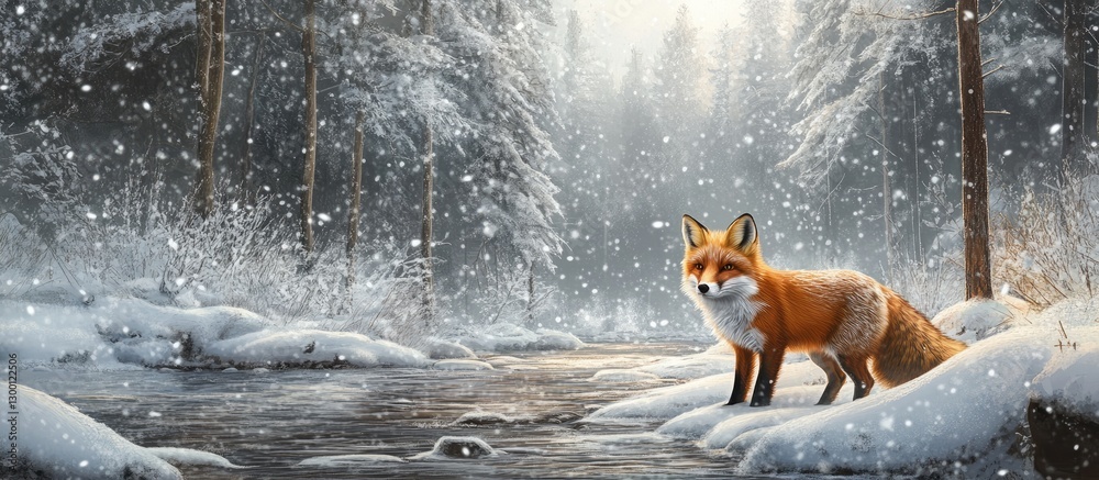 Aufkleber Fox in a snowy forest standing by a stream with falling snow, surrounded by evergreen trees and a winter landscape, warm orange and white hues.