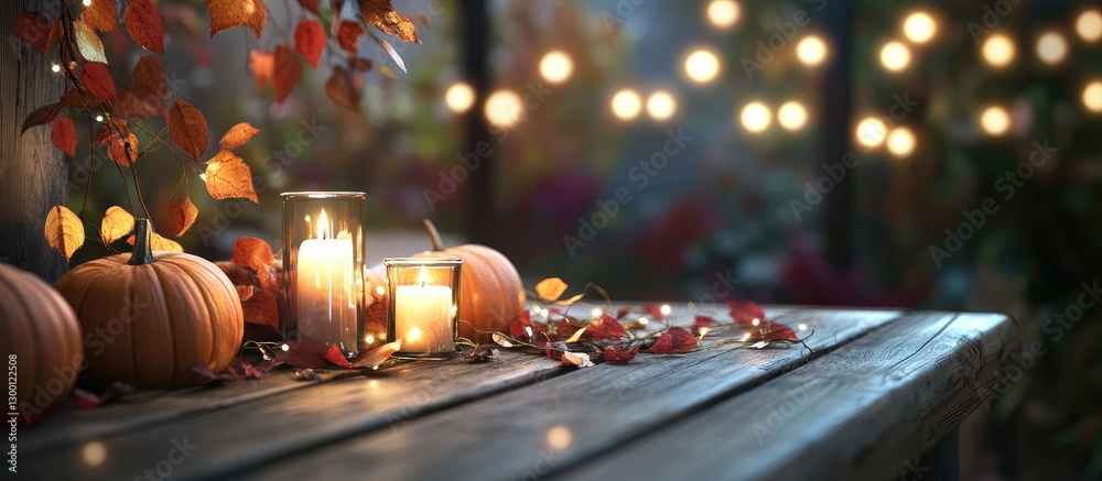 Poster thanksgiving pumpkins in warm orange and earthy tones on a rustic wooden table surrounded by candles