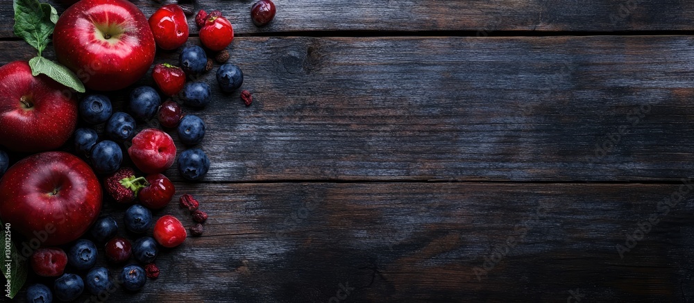 Aufkleber Fresh red apples and blueberries arranged on a dark wooden background with plenty of negative space for text and a clean dieting concept