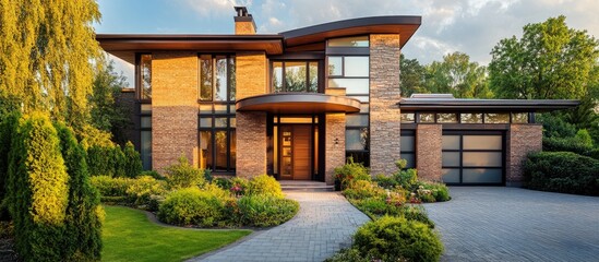 Obraz premium Contemporary suburban home exterior featuring a circular entrance, lush greenery, and elegant architectural design under warm evening light.