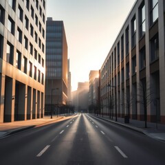 Obraz premium Peaceful Morning in a Sleek Urban Street with Modern Architecture and Soft Sunlight