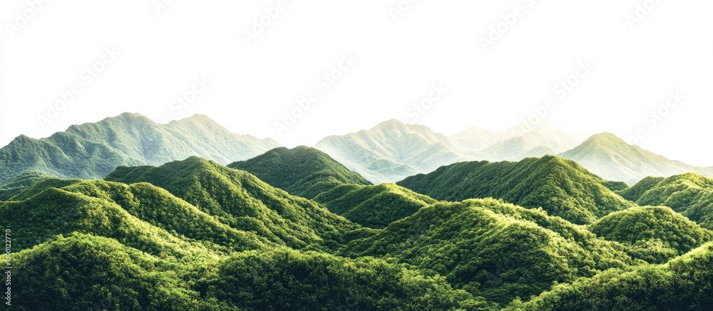 Poster lush green mountains with varying heights in the foreground fade into lighter green peaks against a 