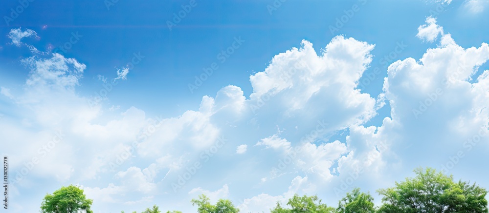 Poster Vibrant blue sky background with fluffy white clouds and green tree branches at the bottom creating ample copy space for design projects