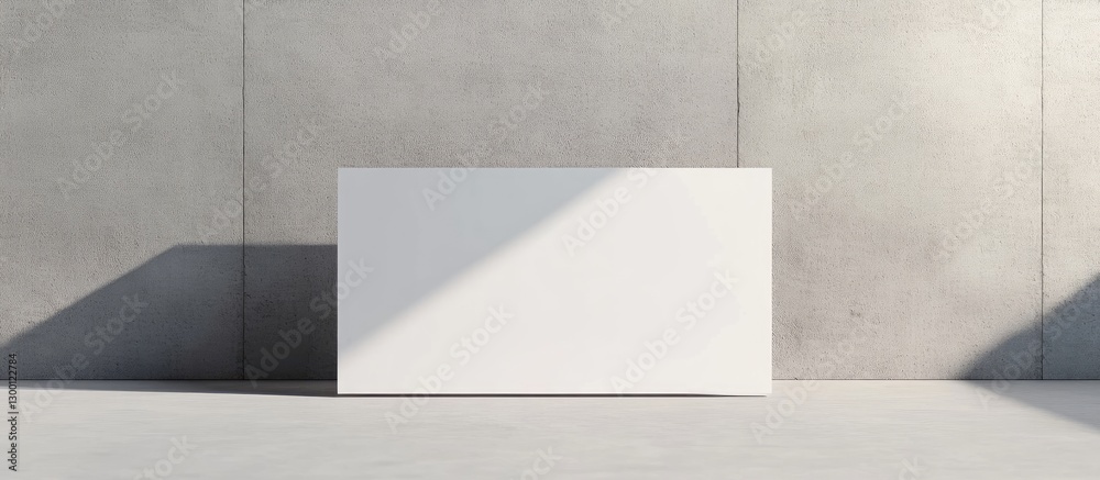 Poster minimalistic white rectangular canvas against a light gray textured wall with soft shadows creating 