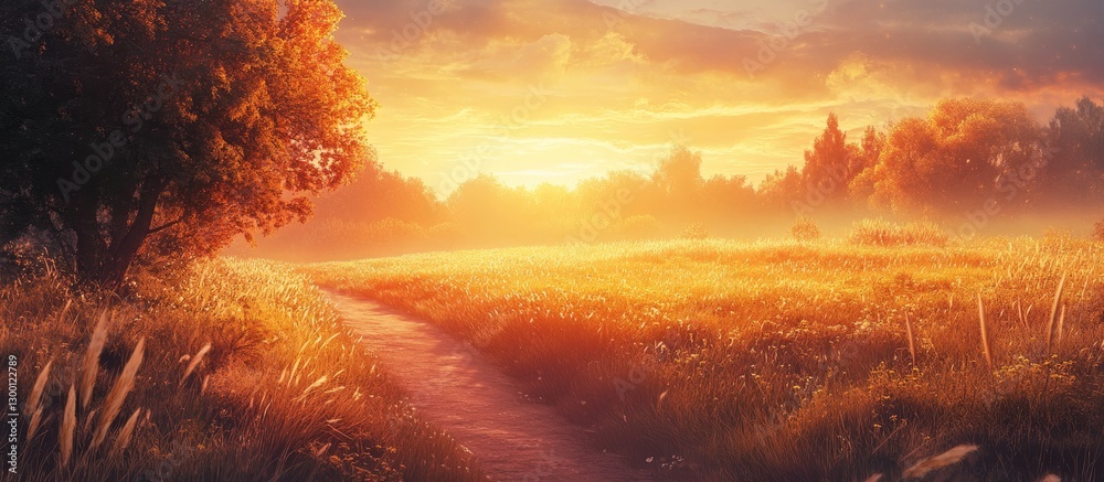 Poster serene landscape at dawn featuring a golden sunrise illuminating a misty path through warm-colored f