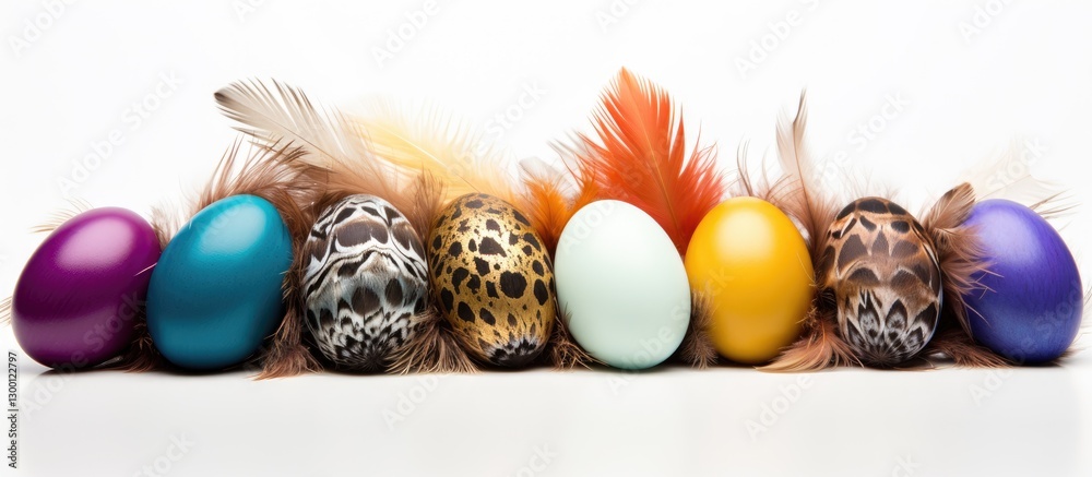 Poster Decorative pastel-colored eggs with intricate patterns and vibrant feathers arranged horizontally on a white background creating ample copy space.