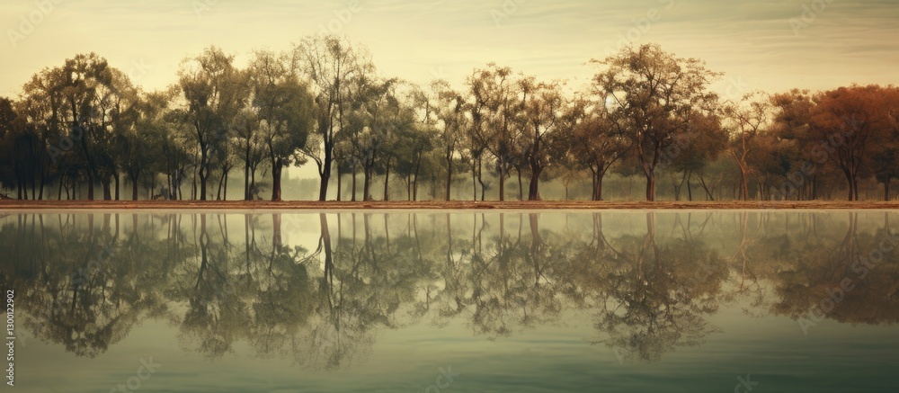 Poster Serene landscape of trees in calm water at dawn with soft golden hues creating ample reflection and negative space for text integration