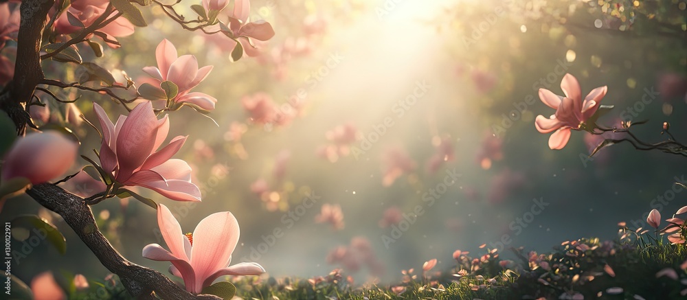 Poster soft pink magnolia flowers in a sunlit forest setting with a dreamy bokeh background of green and wa