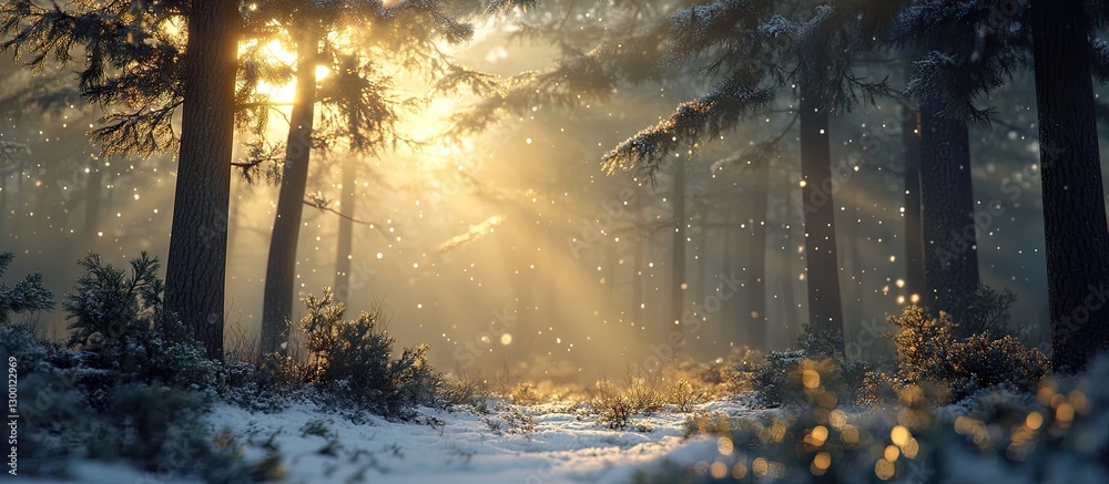 Poster winter sunset illuminating a serene forest scene with golden light filtering through trees, casting 