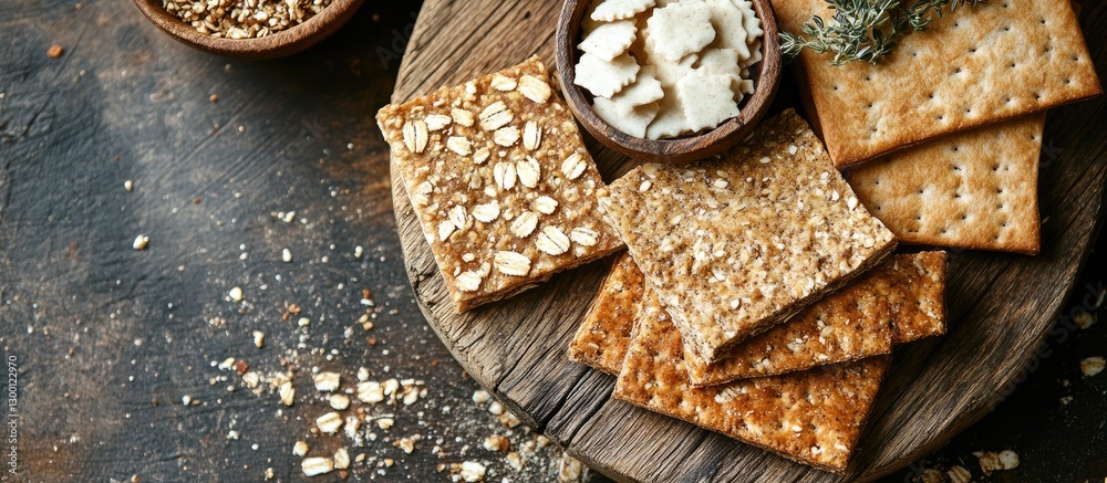 Poster delicious assortment of golden crispbreads and rusks arranged on a wooden board with scattered toppi