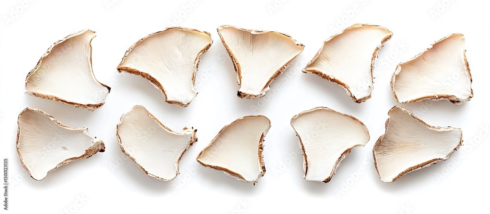 Poster sliced king oyster mushroom pieces arranged in a white background showcasing their unique textures a