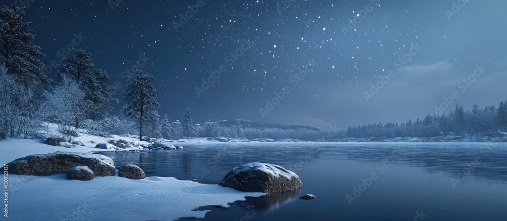 Poster serene night sky illuminated by stars above a frozen lake bordered by snow-covered rocks and pine tr