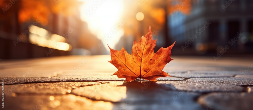 Aufkleber Close up of a dry orange maple leaf on a sunlit cobblestone road with blurred autumn trees in the background creating a warm serene atmosphere