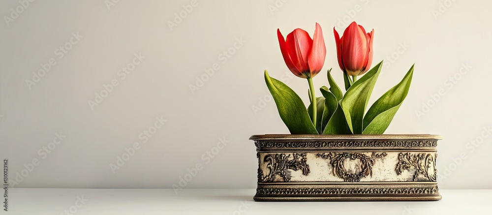 Poster red tulips with green leaves in ornate box against neutral background, symbolizing spring and renewa