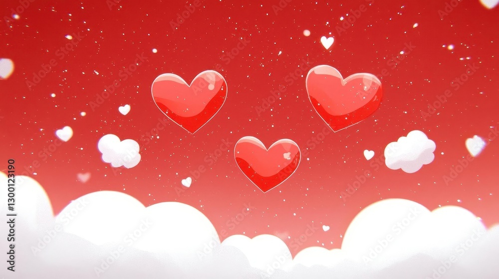 Aufkleber three red pixel hearts float above white clouds on a red sky