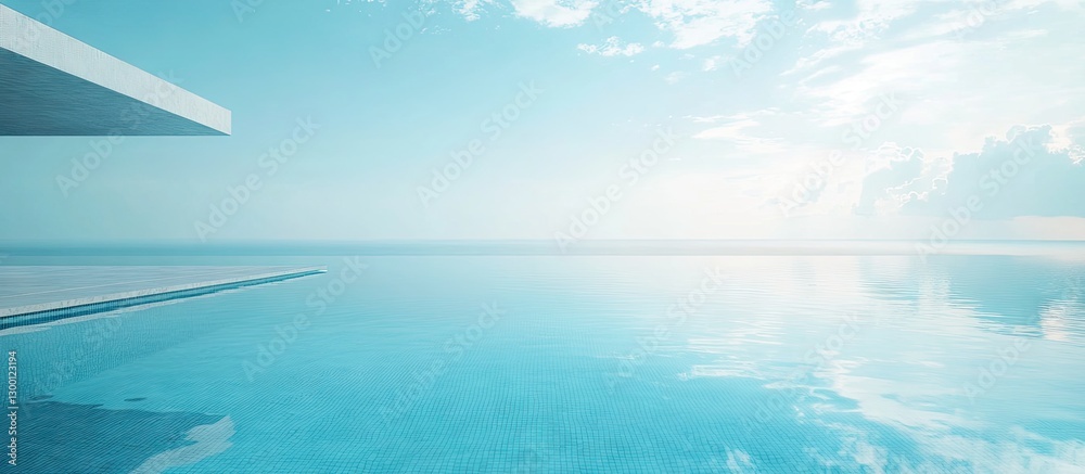 Poster serene infinity pool reflecting sky at dawn with soft pastel blue tones and minimalistic architectur