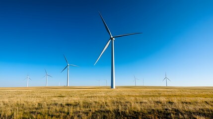 Fototapeta premium A field of wind turbines under a bright blue sky