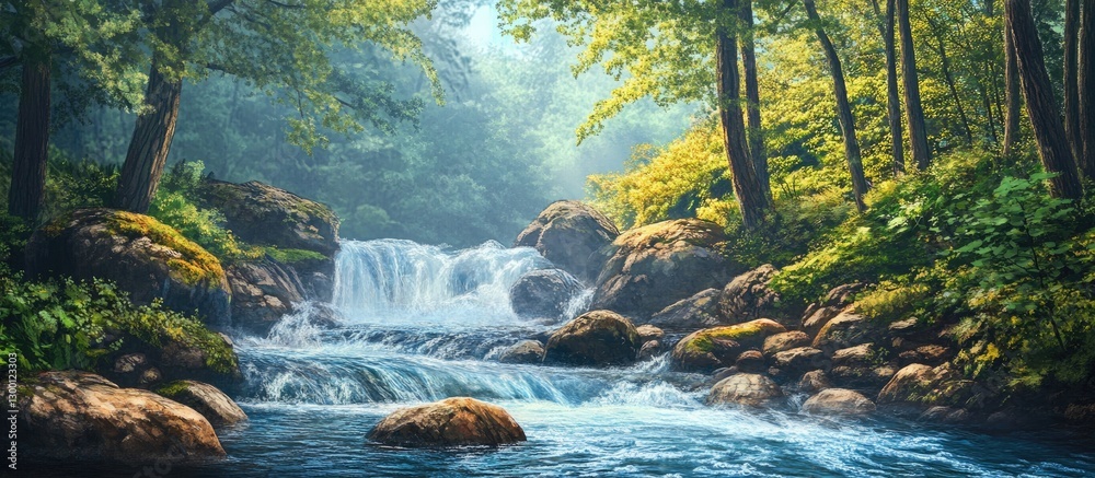 Poster serene spring landscape with flowing river over rocks surrounded by vibrant green trees and dappled 