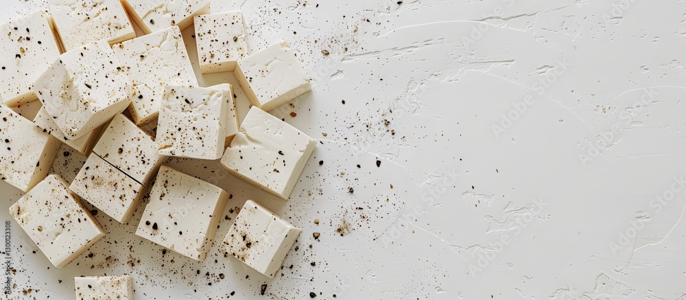 Poster freshly cut tofu pieces on a textured white surface sprinkled with black pepper, positioned in the t