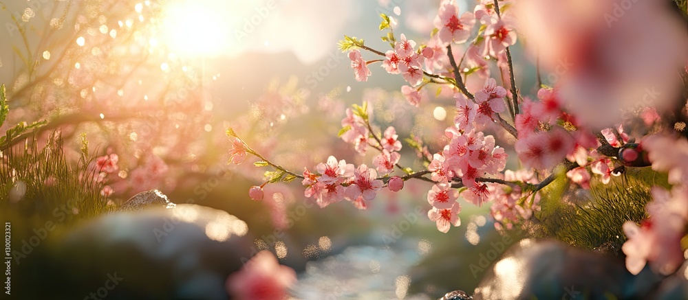 Poster blossoming cherry blossoms with soft pink petals and gentle sunlight filtering through on a serene l