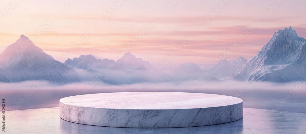 Poster serene landscape with a circular marble platform in the foreground, set against pastel mountains and
