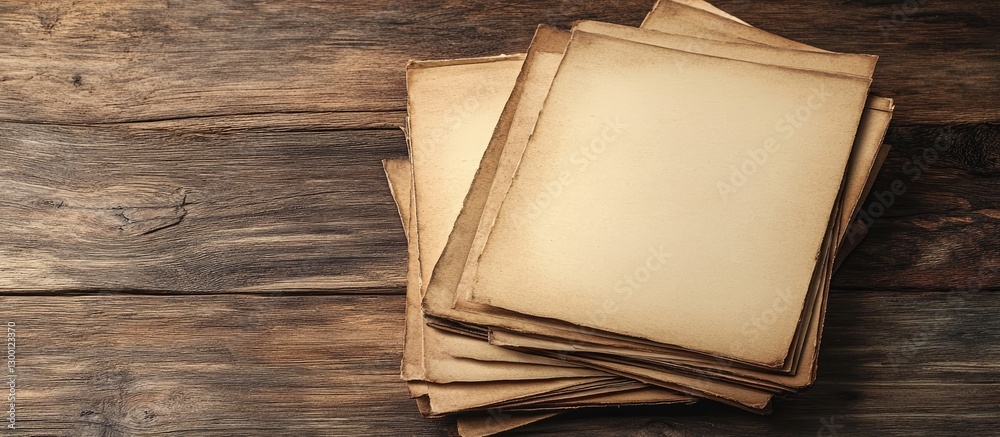 Poster vintage stack of blank brown-toned photo papers resting on a rustic wooden surface with a textured b
