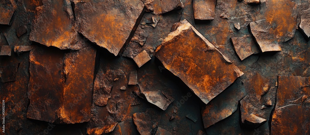 Poster Rusty metal fragments scattered across a textured surface with shades of orange and brown highlighting wear and tear from usage and age.