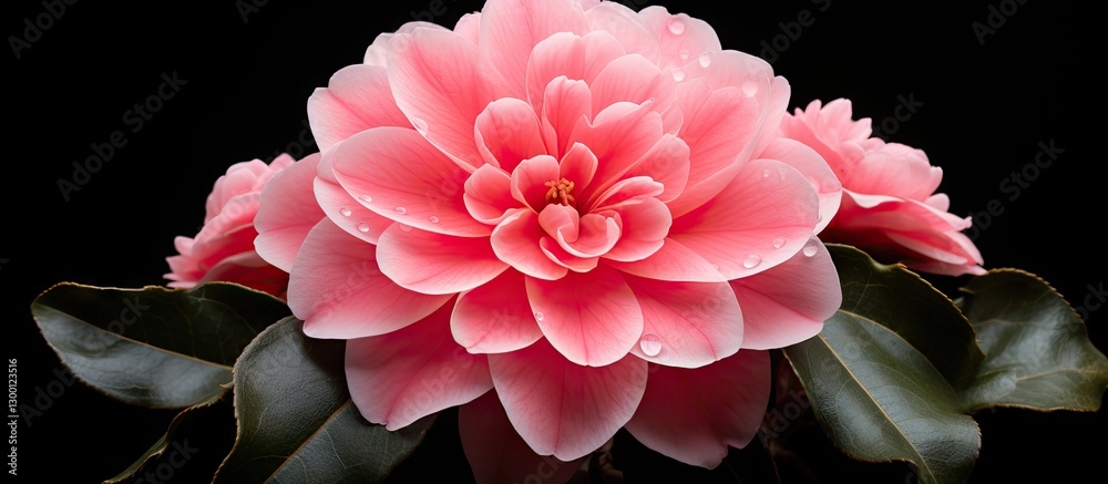 Poster camellia blossom in soft pink hues with abundant layered petals against a dark background, elegant c