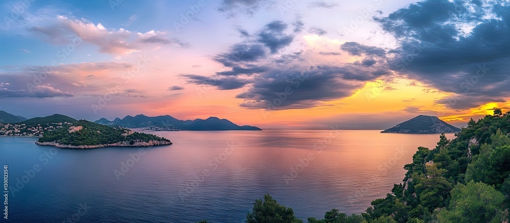 Aufkleber lush green hills frame a serene sea under a vibrant sunset sky with pink and orange clouds reflectin