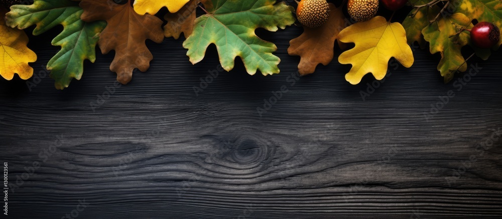 Poster autumn foliage in vibrant yellow and green placed on a dark wooden surface creating space for text o