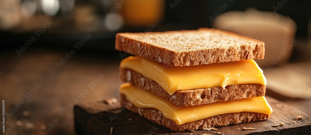 Poster layered smooth yellow cheese slices on whole grain crispy bread on a rustic wooden board with a warm