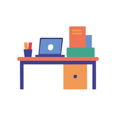 Organized desk with laptop and paperwork flat color vector design