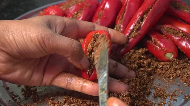 Homemade Stuffed Red Chili Pickle. 