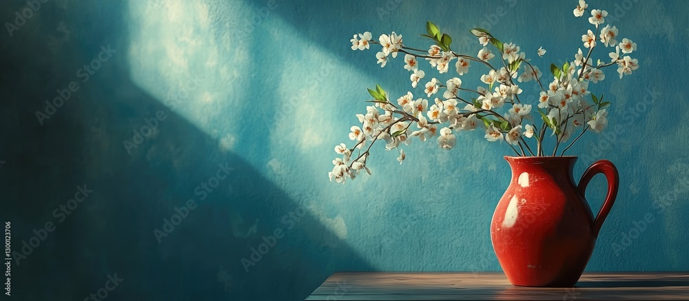 Aufkleber red jug filled with delicate spring flowers against a textured turquoise background with soft light 