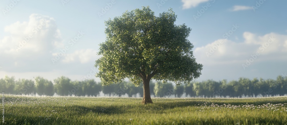 Poster Lone vibrant green oak tree centered in a lush spring meadow with soft clouds and blue sky in the background, surrounded by distant leafy trees.