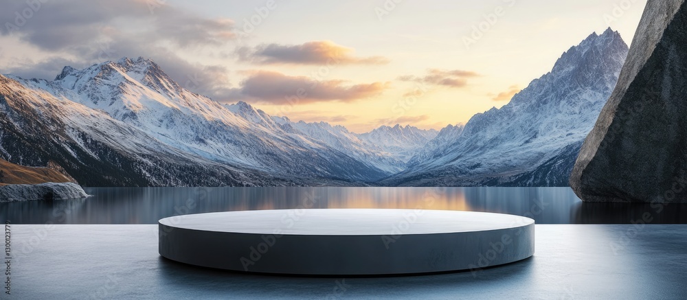 Poster mountain view podium stage featuring a smooth gray slab pedestal set against a serene sunset with sn