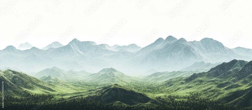 Poster lush green mountains in the foreground with misty peaks in the background against a muted white back
