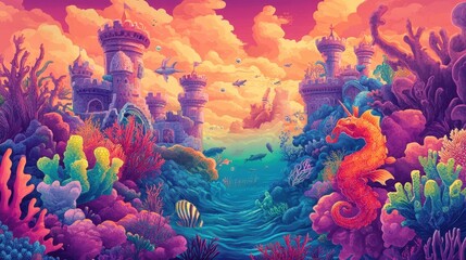 Colorful underwater castle scene with various marine elements