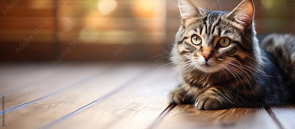 Poster tabby cat resting on warm wooden floor with soft sunlight highlighting its fur creating a serene atm