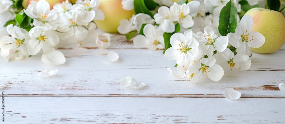 Poster spring scene featuring white apple blossoms on a rustic white wooden table with soft green apples ar