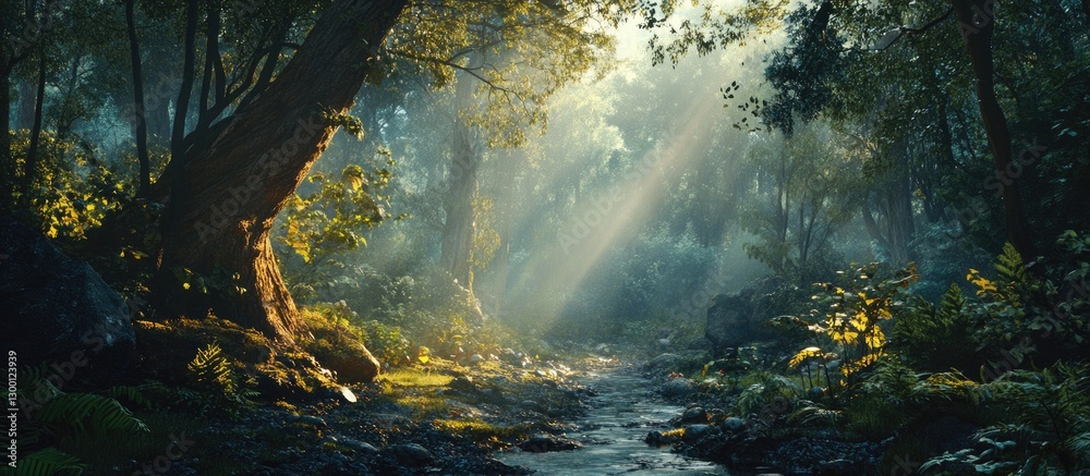 Aufkleber Lush green forest scene with sunlight streaming through trees illuminating a serene creek in the foreground, creating a tranquil atmosphere.